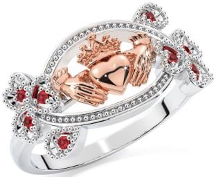 Ruby White Rose Gold Claddagh Shamrock Ring