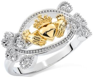 Diamond White Yellow Gold Claddagh Shamrock Ring