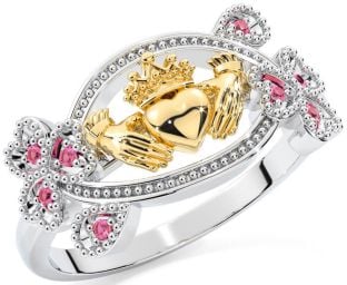 Pink Tourmaline White Yellow Gold Claddagh Shamrock Ring