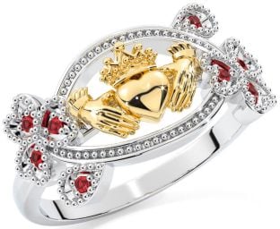 Ruby White Yellow Gold Claddagh Shamrock Ring