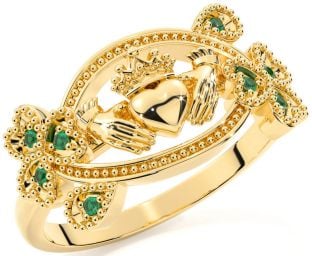 Emerald Gold Claddagh Shamrock Ring