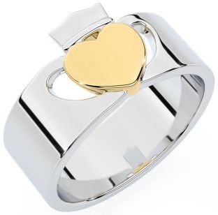 Men's Modern White Yellow Gold Claddagh Ring