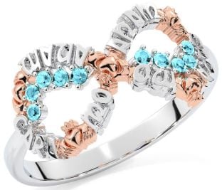 Aquamarine Rose Gold Silver Claddagh Infinity Irish "My Soul Mate" Ring