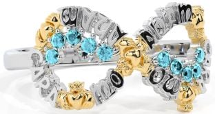 Aquamarine Gold Silver Claddagh Infinity Irish "My Soul Mate" Ring