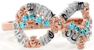 Aquamarine White Rose Gold Claddagh Infinity Irish "My Soul Mate" Ring