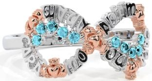 Aquamarine White Rose Gold Claddagh Infinity Irish "My Soul Mate" Ring