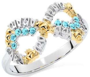 Aquamarine White Yellow Gold Claddagh Infinity Irish "My Soul Mate" Ring