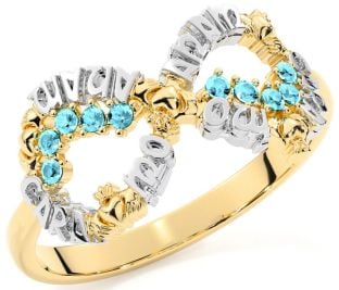 Aquamarine White Yellow Gold Claddagh Infinity Irish "My Soul Mate" Ring