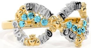 Aquamarine White Yellow Gold Claddagh Infinity Irish "My Soul Mate" Ring