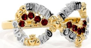 Garnet White Yellow Gold Claddagh Infinity Irish "My Soul Mate" Ring