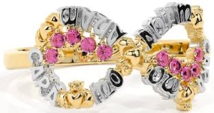 Pink Tourmaline White Yellow Gold Claddagh Infinity Irish "My Soul Mate" Ring