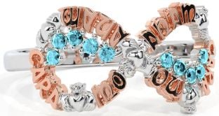 Aquamarine White Rose Gold Claddagh Infinity Irish "My Soul Mate" Ring