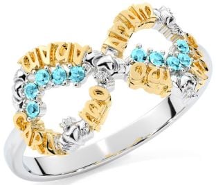 Aquamarine White Yellow Gold Claddagh Infinity Irish "My Soul Mate" Ring