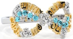 Aquamarine White Yellow Gold Claddagh Infinity Irish "My Soul Mate" Ring