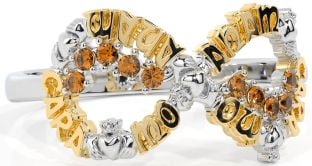 Citrine White Yellow Gold Claddagh Infinity Irish "My Soul Mate" Ring