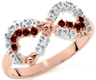 Garnet White Rose Gold Claddagh Infinity Irish "My eternal love" Ring