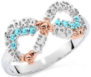 Aquamarine White Rose Gold Claddagh Infinity Irish "My eternal love" Ring