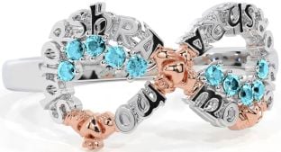 Aquamarine White Rose Gold Claddagh Infinity Irish "My eternal love" Ring