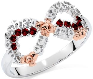 Garnet White Rose Gold Claddagh Infinity Irish "My eternal love" Ring