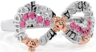 Pink Tourmaline White Rose Gold Claddagh Infinity Irish "My eternal love" Ring