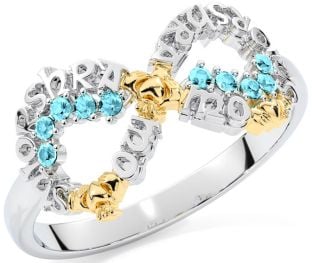 Aquamarine White Yellow Gold Claddagh Infinity Irish "My eternal love" Ring