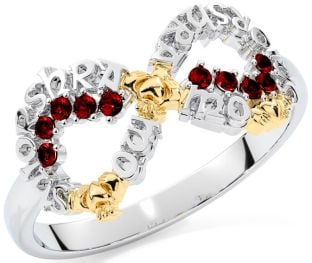 Garnet White Yellow Gold Claddagh Infinity Irish "My eternal love" Ring
