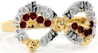 Garnet White Yellow Gold Claddagh Infinity Irish "My eternal love" Ring