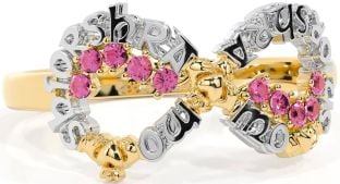 Pink Tourmaline White Yellow Gold Claddagh Infinity Irish "My eternal love" Ring