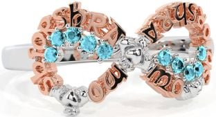 Aquamarine White Rose Gold Claddagh Infinity Irish "My eternal love" Ring