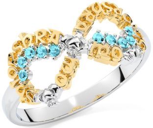 Aquamarine White Yellow Gold Claddagh Infinity Irish "My eternal love" Ring