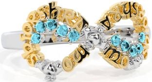 Aquamarine White Yellow Gold Claddagh Infinity Irish "My eternal love" Ring