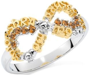Citrine White Yellow Gold Claddagh Infinity Irish "My eternal love" Ring