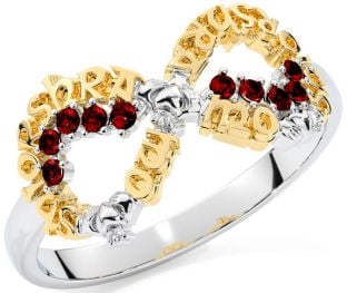 Garnet White Yellow Gold Claddagh Infinity Irish "My eternal love" Ring