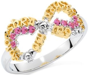Pink Tourmaline White Yellow Gold Claddagh Infinity Irish "My eternal love" Ring