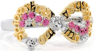 Pink Tourmaline White Yellow Gold Claddagh Infinity Irish "My eternal love" Ring