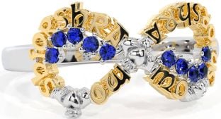 Sapphire White Yellow Gold Claddagh Infinity Irish "My eternal love" Ring