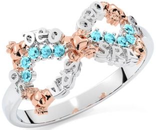 "Love Forever" Aquamarine Rose Gold Silver Infinity Irish Claddagh Ring