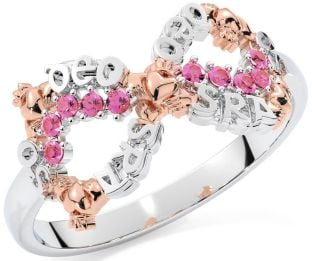 "Love Forever" Pink Tourmaline Rose Gold Silver Infinity Irish Claddagh Ring