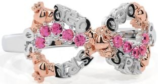 "Love Forever" Pink Tourmaline Rose Gold Silver Infinity Irish Claddagh Ring