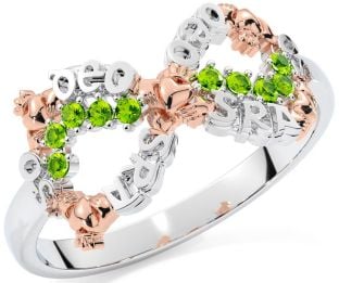 "Love Forever" Peridot Rose Gold Silver Infinity Irish Claddagh Ring