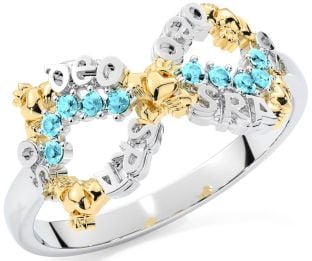"Love Forever" Aquamarine Gold Silver Infinity Irish Claddagh Ring