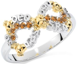"Love Forever" Citrine Gold Silver Infinity Irish Claddagh Ring