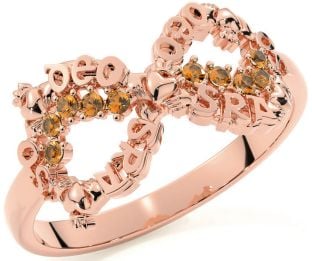 "Love Forever" Citrine Rose Gold Silver Infinity Irish Claddagh Ring