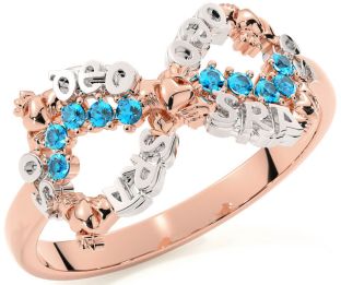 "Love Forever" Topaz Rose Gold Silver Infinity Irish Claddagh Ring