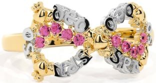 "Love Forever" Pink Tourmaline Gold Silver Infinity Irish Claddagh Ring