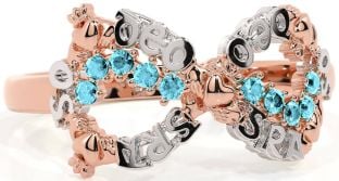 Aquamarine White Rose Gold Claddagh Infinity Irish "Love Forever" Ring