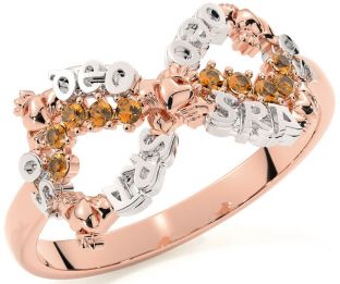 Citrine White Rose Gold Claddagh Infinity Irish "Love Forever" Ring