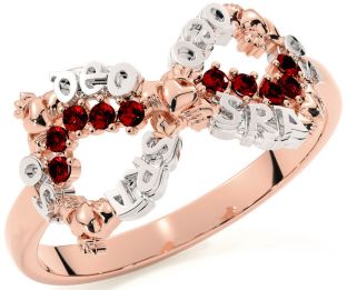 Garnet White Rose Gold Claddagh Infinity Irish "Love Forever" Ring