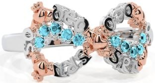 Aquamarine White Rose Gold Claddagh Infinity Irish "Love Forever" Ring