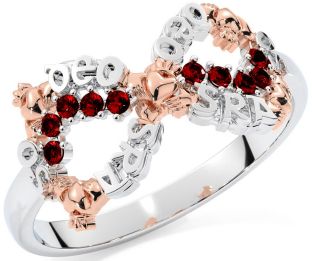 Garnet White Rose Gold Claddagh Infinity Irish "Love Forever" Ring